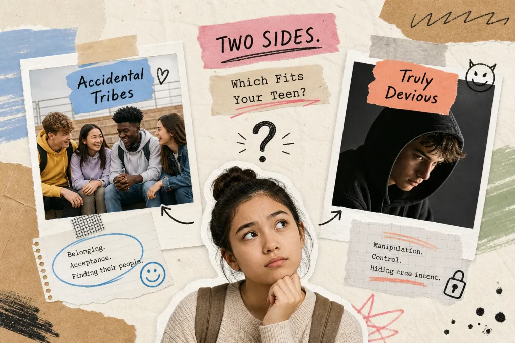 Collage comparing two books: a pensive teen girl between a photo of laughing friends labeled Accidental Tribes and a hooded boy labeled Truly Devious, under the words Two Sides.