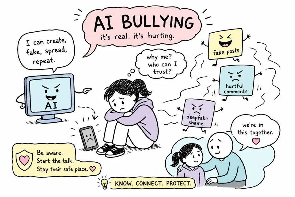 Doodle of a sad girl hugging her knees, surrounded by an angry AI computer, fake posts, hurtful comments and deepfake shame, while an adult comforts a child: know, connect, protect.
