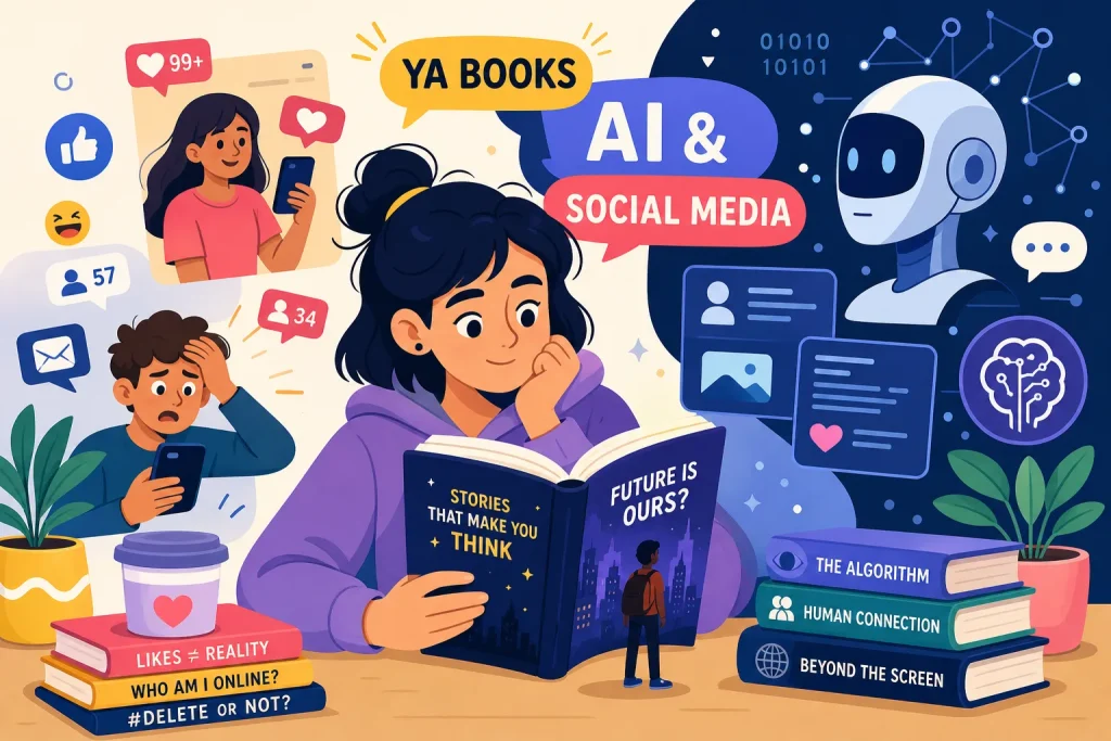 Colorful illustration of a teen girl reading a YA book, surrounded by social media likes and notifications, a friendly robot and a stack of books about algorithms and human connection.