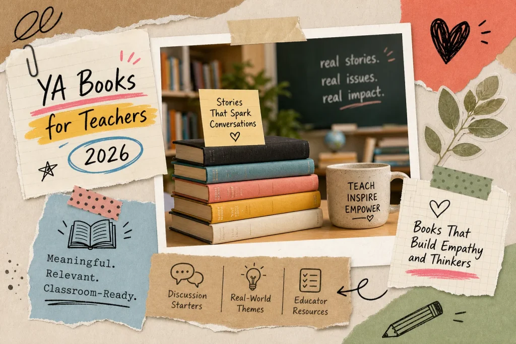 Classroom collage with a stack of colorful books, a mug reading Teach Inspire Empower and notes promising discussion starters, real-world themes and educator resources.