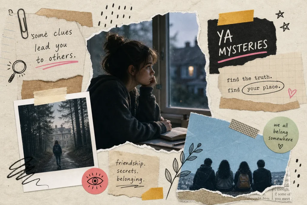 Moody collage of a girl gazing out a rainy window, a lone figure on a forest path and friends sitting together at dusk, with notes about clues, friendship, secrets and belonging.