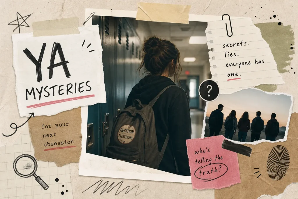 Collage of a student with a backpack walking down a dim school hallway, a silhouetted group of teens and notes asking who is telling the truth, captioned YA mysteries.
