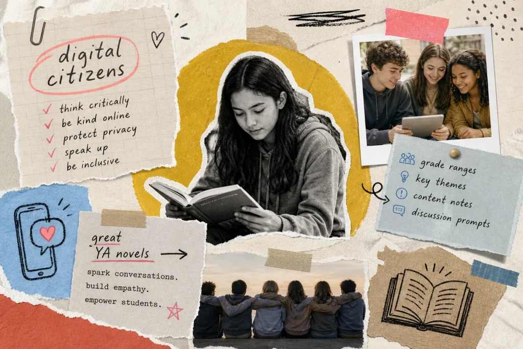 Collage of a girl absorbed in a book and friends sharing a tablet, with a digital citizens checklist: think critically, be kind online, protect privacy, speak up, be inclusive.