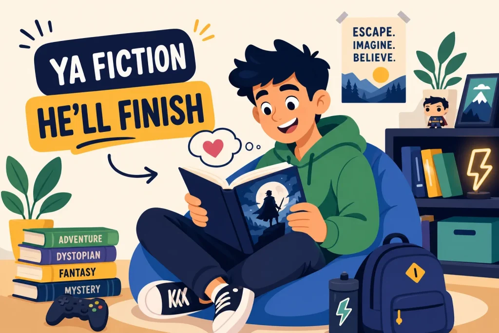 Cheerful illustration of a teenage boy reading on a beanbag chair beside a stack of adventure, dystopian, fantasy and mystery books, under the headline YA fiction he'll finish.