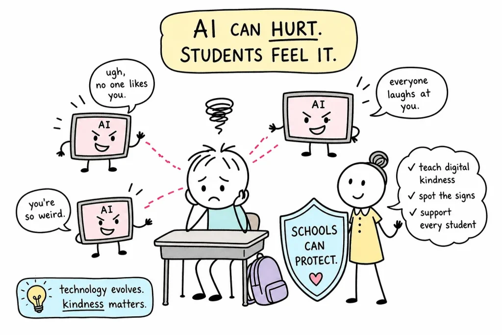 Doodle of a worried student at a desk as angry AI screens throw insults, while a teacher with a Schools Can Protect shield lists digital kindness, spotting the signs and support.
