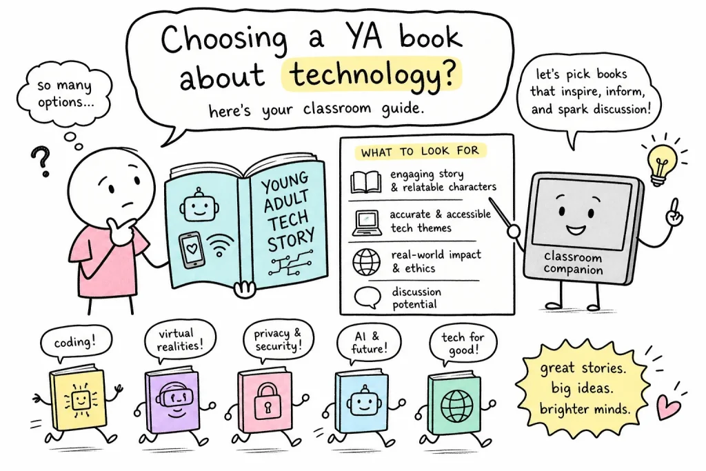 Doodle of a teacher weighing a young adult tech story, with a checklist of what to look for and small walking books about coding, privacy, AI and virtual reality.