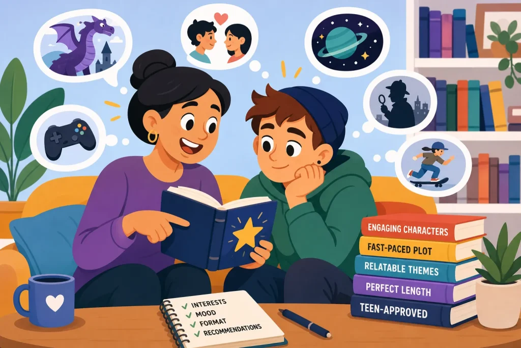 Illustration of a parent and teen on a couch sharing a book, thought bubbles showing dragons, games, space and mystery, next to books labeled engaging characters and fast-paced plot.