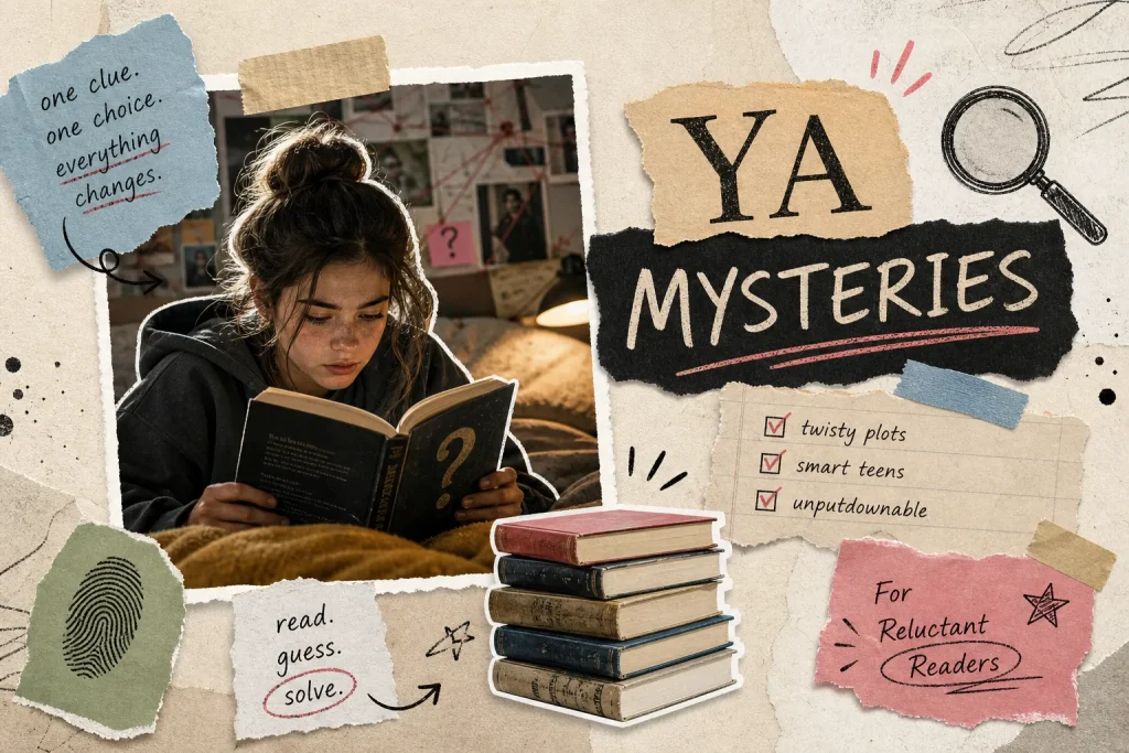 Collage of a girl reading a mystery by lamplight in bed, a stack of old books, a magnifying glass and notes reading twisty plots, smart teens, for reluctant readers.