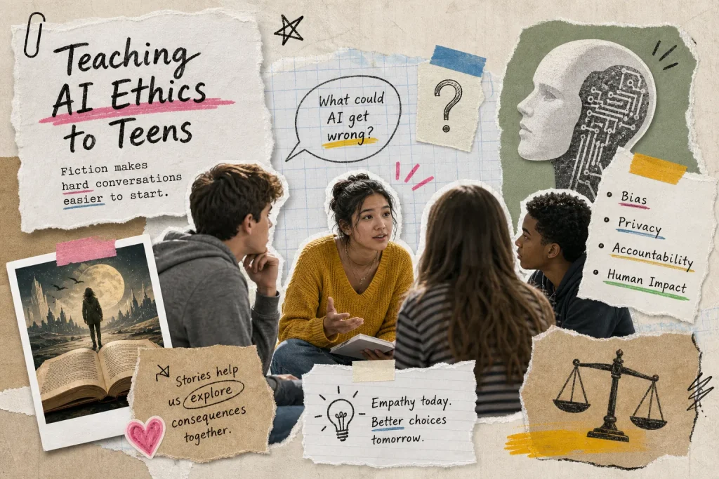 Collage of teens in a lively discussion, a humanoid AI head, scales of justice and notes on bias, privacy, accountability and human impact, titled Teaching AI Ethics to Teens.