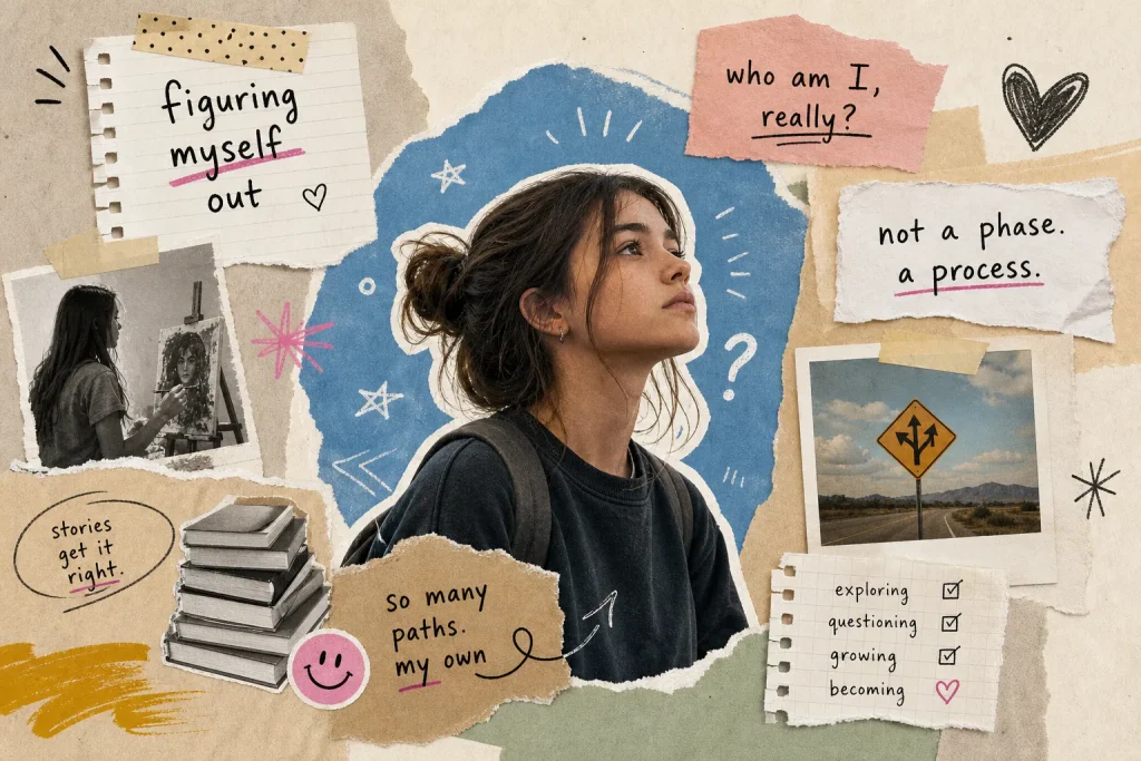 Collage of a thoughtful teen girl looking up, a crossroads road sign, stacked books and notes reading figuring myself out, who am I really and not a phase, a process.