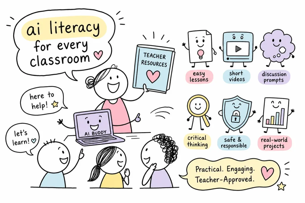 Doodle of a smiling teacher with an AI Buddy laptop and teacher resources, beside icons for easy lessons, short videos, discussion prompts, critical thinking and real-world projects.