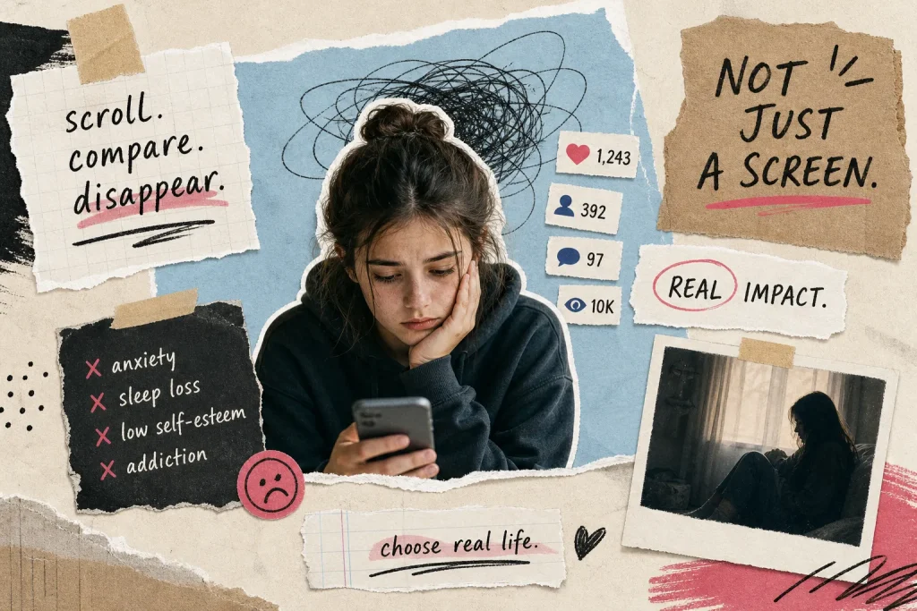 Collage of a sad teen staring at her phone amid like and follower counts, with notes listing anxiety, sleep loss, low self-esteem and addiction, and the words not just a screen.